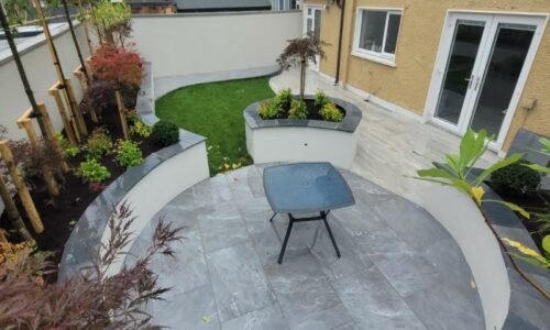Round Porcelain Tiled Patio with Retaining Walls and Roll-on-Turf in Ballincollig, Co. Cork